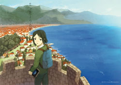 Rule 34 | 1boy, backpack, bad id, bad pixiv id, bag, black hair, bob cut, book, building, cloud, day, fate/zero, fate (series), from behind, green eyes, hiiro 5-sai, house, looking at viewer, looking back, male focus, mountain, outdoors, scenery, sky, solo, tree, water, waver velvet