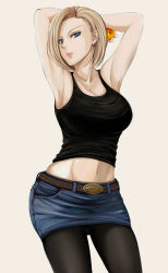 Rule 34 | 1girl, android 18, armpits, arms up, bare arms, bare shoulders, belt, black pantyhose, blonde hair, blue hair, breasts, brown belt, cowboy shot, denim, denim skirt, dragon ball, dragon ball (object), dragonball z, groin, large breasts, midriff, miniskirt, navel, noo-chan (no chan), pantyhose, short hair, simple background, skirt, solo, standing, tank top, white background