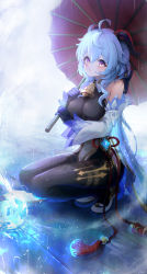 Rule 34 | 1girl, ahoge, bare shoulders, bell, black bodysuit, black gloves, blue hair, blush, bodystocking, bodysuit, bow, breasts, brown bodysuit, brown pantyhose, chinese knot, cowbell, detached collar, detached sleeves, full body, ganyu (genshin impact), genshin impact, gloves, goat horns, gradient eyes, highres, holding, holding umbrella, horns, long hair, long sleeves, looking at viewer, medium breasts, multicolored eyes, neck bell, pantyhose, pelvic curtain, pistachiocream, purple eyes, rain, signature, solo, squatting, tassel, thighs, umbrella, vision (genshin impact), white sleeves