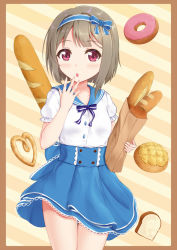 Rule 34 | 1girl, artist name, artist request, back bow, bag, bare legs, blue bow, blue bowtie, blue corset, blue hairband, blue sailor collar, blue skirt, blush, border, bow, bowtie, bread, bread bun, breasts, brown bag, brown border, brown hair, buttons, collarbone, corset, dress, dress shirt, female focus, flower symphony (love live!), food, frilled sleeves, frills, grey hair, groceries, grocery bag, hairband, holding, holding bag, light brown hair, looking at viewer, love live!, love live! nijigasaki high school idol club, love live! school idol festival, love live! school idol festival all stars, miniskirt, nail, nail polish, nakasu kasumi, parted lips, pink eyes, pink nails, pink nails, plaid, plaid skirt, pleated, pleated skirt, puffy short sleeves, puffy sleeves, purple eyes, sailor collar, sailor dress, shirt, shopping bag, short hair, short sleeves, skirt, small breasts, smile, solo, striped, striped background, white shirt