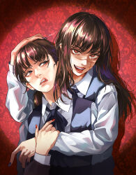 Rule 34 | 2girls, black hair, black ribbon, blue eyes, blue nails, chainsaw man, cross scar, dress, facial scar, fourth east high school uniform, hand on another&#039;s head, highres, hug, long hair, looking at another, looking at viewer, mitaka asa, moroi, multiple girls, open mouth, patterned background, pinafore dress, red background, red eyes, red nails, ribbon, ringed eyes, scar, scar on cheek, scar on face, school uniform, sleeveless dress, smile, spotlight, twintails, yoru (chainsaw man)