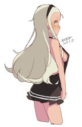 Rule 34 | 1girl, backless dress, backless outfit, bare arms, bare shoulders, black dress, blush, breasts, brown eyes, closed mouth, cowboy shot, cropped legs, dark skin, dark-skinned female, dated, dress, light brown hair, long hair, looking at viewer, looking back, maze (gochama ze gohan), medium breasts, original, profile, short dress, sideboob, signature, simple background, sketch, sleeveless, sleeveless dress, solo, very long hair, white background