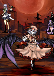 Rule 34 | 6+girls, absurdres, bad id, bad pixiv id, bat wings, blonde hair, book, canyon, cirno, embodiment of scarlet devil, evil grin, evil smile, flandre scarlet, full moon, glowing, glowing eyes, grin, hat, hidden eyes, highres, hong meiling, izayoi sakuya, knife, koakuma, laevatein, large wings, maid, maid headdress, moon, multiple girls, open mouth, outstretched arm, patchouli knowledge, purple hair, red moon, remilia scarlet, rumia, shadow, smile, touhou, weapon, wings, yagimiwa