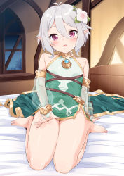 Rule 34 | 1girl, :d, absurdres, antenna hair, arm support, armlet, bare legs, bare shoulders, barefoot, bed, bed sheet, blush, bridal gauntlets, collarbone, commentary request, dress, elf, flower, full body, gold trim, hair between eyes, hair flower, hair ornament, highres, indoors, kokkoro (princess connect!), lap pillow invitation, leaf, leaning back, mousou (mousou temporary), on bed, open mouth, pelvic curtain, pointy ears, princess connect!, purple eyes, see-through, short dress, short hair, sidelocks, silver hair, sitting, smile, solo, thighs, two-tone dress, wariza, white flower, window