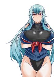 Rule 34 | 1girl, alternate costume, aqua hair, bare shoulders, blue shirt, breasts, collarbone, cowboy shot, crossed arms, expressionless, hair between eyes, heiseikorotaisei, hip focus, kamishirasawa keine, large breasts, leotard, long hair, looking at viewer, multicolored hair, raised eyebrow, red eyes, shiny clothes, shirt, sidelocks, simple background, sleeveless, sleeveless shirt, solo, thick eyebrows, thigh gap, thighs, touhou, two-tone hair, very long hair, white background