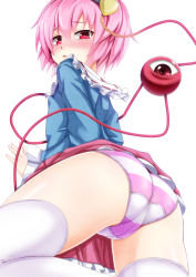 Rule 34 | 1girl, ass, blush, cameltoe, cleft of venus, clothes lift, ebi 193, flat chest, hairband, heart, komeiji satori, looking at viewer, looking back, panties, pink eyes, pink hair, purple panties, pussy, shirt, simple background, skirt, skirt lift, solo, striped clothes, striped panties, thighhighs, touhou, trefoil, underwear, upskirt, white background, white thighhighs