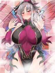 Rule 34 | 1girl, against glass, breast press, breasts on glass, fairy wings, fire emblem, fire emblem heroes, grey hair, heart, highres, looking at viewer, nintendo, plumeria (fire emblem), red hair, solo, toshimasa, wings