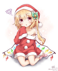Rule 34 | 1girl, alternate costume, alternate headwear, anzu ame, bell, blonde hair, blush, bow, chestnut mouth, collarbone, commentary, crystal, dated, dress, flandre scarlet, full body, green bow, hair between eyes, hair bow, hat, long sleeves, looking at viewer, off shoulder, oversized clothes, pointy ears, pom pom (clothes), red dress, red eyes, santa costume, santa hat, side ponytail, sitting, sleeves past wrists, socks, solo, squiggle, strap slip, sweat, touhou, twitter username, wings, yokozuwari