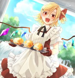Rule 34 | 1girl, :d, apron, bad id, bad pixiv id, black ribbon, blonde hair, blue sky, cloud, commentary request, cowboy shot, cream puff, crystal, eyelashes, fangs, flandre scarlet, food, frilled apron, frills, hair between eyes, hair ornament, hair ribbon, hairclip, highres, holding, holding tray, looking at viewer, neck ribbon, no headwear, one side up, open mouth, oven mitts, pastry, petticoat, pink apron, red eyes, red ribbon, red skirt, red vest, ribbon, shirt, short hair, short sleeves, signature, skirt, skirt set, sky, slit pupils, smile, solo, souta (karasu no ouchi), standing, touhou, tray, tree, vest, white shirt, wings