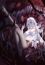 Rule 34 | 1girl, absurdly long hair, bare shoulders, black pantyhose, breasts, cleavage, eldritch abomination, full body, highres, large breasts, long hair, looking at viewer, lying, on back, open mouth, original, outstretched leg, pantyhose, purple eyes, restrained, revealing clothes, saliva, saliva trail, sharp teeth, slime (substance), swd3e2, teeth, tentacles, toes, very long hair, white hair
