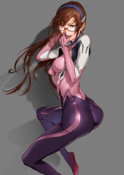 Rule 34 | 1girl, ass, blue eyes, bodysuit, breasts, brown hair, commentary request, evangelion: 3.0+1.0 thrice upon a time, glasses, grey background, hairband, highres, interface headset, kiyohisa, licking, licking finger, long hair, looking at viewer, makinami mari illustrious, medium breasts, neon genesis evangelion, plugsuit, rebuild of evangelion, red-framed eyewear, semi-rimless eyewear, skin tight, smile, solo, teeth, twintails, upper teeth only, wiping blood, wrinkled fabric