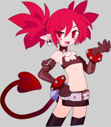 Rule 34 | 1girl, arm belt, bandeau, bare shoulders, belt, black bandeau, black choker, black gloves, black skirt, black thighhighs, blush, blush stickers, bracelet, choker, cowboy shot, cropped legs, demon girl, demon tail, disgaea, earrings, elbow gloves, etna (disgaea), fang, female focus, flat chest, gloves, grey background, groin, hair tie, hand on own hip, hand up, happy, highres, jewelry, legs apart, looking at viewer, matching hair/eyes, miniskirt, navel, open mouth, pencil skirt, pointy ears, red eyes, red hair, shiny clothes, shiny skin, short hair, side slit, simple background, skirt, skull earrings, smile, solo, sp (sweet potato), standing, stomach, tail, thighhighs, twintails, uneven eyes, zettai ryouiki