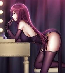Rule 34 | 1girl, adapted costume, applying makeup, ass, bad id, bad twitter id, bare shoulders, blush, breasts, chair, desk, dress, elbow gloves, fate/grand order, fate (series), female focus, from side, garter straps, gloves, hair between eyes, highres, holding, knee up, large breasts, lights, lipstick, long hair, looking at mirror, makeup, mallizmora, mirror, parted lips, purple dress, purple gloves, purple hair, purple thighhighs, red eyes, red lips, scathach (fate), sideboob, solo, stool, table, thighhighs, thighs, tsurime, type-moon, very long hair