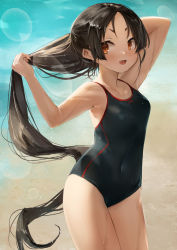 Rule 34 | 1girl, beach, black hair, black one-piece swimsuit, blush, brown eyes, cowboy shot, fang, kantai collection, long hair, nisshin (kancolle), ocean, one-piece swimsuit, open mouth, short eyebrows, solo, swimsuit, toka (marchlizard), very long hair, wet
