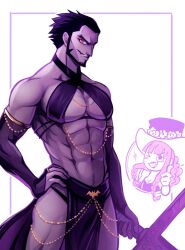 Rule 34 | 1boy, 1girl, abs, black dress, black hair, chibi, chibi inset, cowboy shot, crossdressing, deformed, detached sleeves, dracule mihawk, dress, glaring, highres, large pectorals, long hair, looking at viewer, male focus, mature male, meme attire, meme request, muscular, muscular male, navel, one piece, pectoral cleavage, pectorals, pelvic curtain, perona, pink hair, purple theme, revealing clothes, short hair, shuravf, sidepec, solo focus, sparse navel hair, standing, stomach, thick eyebrows, thumbs up, underpec