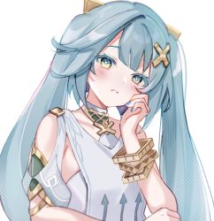 Rule 34 | 1girl, aqua hair, arm support, bangle, bare shoulders, blush, bracelet, choker, colored eyelashes, commentary request, cowlick, detached sleeves, eyelashes, faruzan (genshin impact), genshin impact, green eyes, hair between eyes, hair ornament, hand on own cheek, hand on own face, highres, jewelry, long hair, looking at viewer, nail polish, parted lips, sidelocks, simple background, solo, suzumori (su2525), symbol-shaped pupils, triangle-shaped pupils, twintails, upper body, white background, x hair ornament