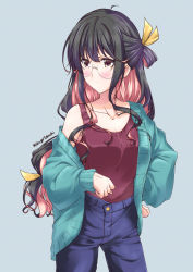 Rule 34 | 10s, 1girl, alternate costume, bespectacled, black hair, breasts, denim, glasses, jacket, jeans, kantai collection, long hair, mikage takashi, multicolored hair, naganami (kancolle), off shoulder, pants, pink hair, simple background, solo, tank top, yellow eyes