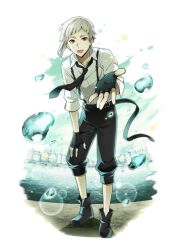 Rule 34 | 1boy, bad source, black footwear, black gloves, black hair, black pants, bungou stray dogs, collared shirt, fingerless gloves, fingernails, full body, gloves, grey hair, looking at viewer, male focus, multicolored hair, nakajima atsushi (bungou stray dogs), official art, open mouth, outstretched hand, pants, shirt, shoes, solo, streaked hair, suspenders, transparent background, white shirt, yellow eyes