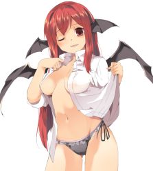 Rule 34 | 1girl, bad id, bad twitter id, bat wings, breasts, clothes lift, hasebe yuusaku, head wings, koakuma, long hair, long sleeves, looking at viewer, midriff, navel, no bra, no pants, open clothes, open mouth, open shirt, panties, red eyes, red hair, shirt, shirt lift, simple background, smile, solo, touhou, underwear, white background, wings