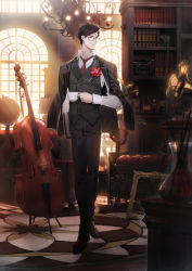 Rule 34 | 1boy, bench, black jacket, black pants, black vest, book, bookshelf, bottle, brown footwear, brown hair, cello, chandelier, closed mouth, collared shirt, cup, flower, glasses, globe, highres, holding, holding cup, indoors, instrument, jacket, jacket on shoulders, light and night love, long sleeves, male focus, necktie, official art, pants, phonograph, picture frame, plant, potted plant, red eyes, red flower, red necktie, ryota-h, shirt, shoes, smile, solo, standing, teacup, typewriter, vest, white shirt, window, wing collar