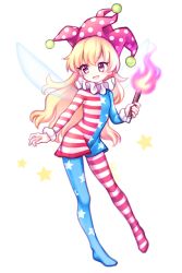 Rule 34 | 1girl, american flag dress, american flag legwear, blonde hair, clownpiece, dress, fairy wings, full body, hat, holding, jester cap, long hair, long sleeves, looking to the side, miy 001, neck ruff, no shoes, pantyhose, pink eyes, pink hat, polka dot, short dress, simple background, smile, solo, standing, star (symbol), star print, torch, touhou, touhou sangetsusei, transparent wings, white background, wings