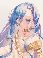 Rule 34 | 1girl, 37 (reverse:1999), absurdres, ancient greek clothes, armlet, blue eyes, blue hair, closed mouth, flat chest, gold choker, greco-roman clothes, hair between eyes, highres, long hair, looking at viewer, reverse:1999, single sleeve, smile, solo, toga, upper body, white background, xianyu huan