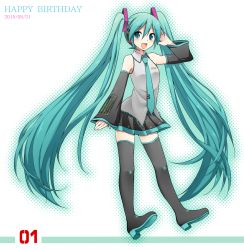 Rule 34 | 10s, 1girl, 2015, aqua eyes, aqua hair, arm up, boots, dated, detached sleeves, full body, halftone, halftone background, happy birthday, hatsune miku, headset, high heels, highres, long hair, necktie, open mouth, skirt, solo, striped, striped background, sudachi (calendar), thigh boots, thighhighs, twintails, very long hair, vocaloid
