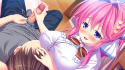 Rule 34 | 1girl, blue eyes, blush, breast press, breasts, brother and sister, bursting breasts, buttons, floor, game cg, hair over eyes, hand on another&#039;s head, handjob, hinata nao, imouto paradise!, imouto paradise! 3, incest, indoors, large breasts, long hair, looking at another, lying, moonstone, nanase sakura, open mouth, penis, pink hair, ponytail, siblings, smile, uncensored, unzipped, wooden floor