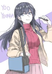 Rule 34 | 1girl, bag, black hair, blue eyes, closed mouth, hand up, jacket, long hair, pencil, pink skirt, red sweater, skirt, smile, solo, sweater, the novels extra, very long hair, white background, yellow jacket, yoo yeonha