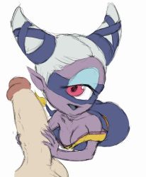 Rule 34 | 10s, 1boy, 1girl, breasts, cleavage, colored skin, cyclops, fuumin (youkai watch), monster girl, one-eyed, penis, pointy ears, purple skin, red eyes, white hair, youkai watch