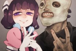 Rule 34 | 1boy, 1girl, black shirt, blend s, blunt bangs, brown eyes, brown hair, commentary request, corey taylor, crossover, gloves, grin, long hair, looking at viewer, masked, neiroval, pink shirt, portrait, purple eyes, real life, russian commentary, sakuranomiya maika, shaded face, shirt, short sleeves, slipknot, smile, smug, stile uniform, v, white gloves