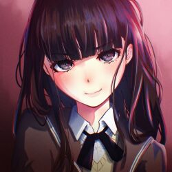 Rule 34 | 1girl, amagami, ayatsuji tsukasa, black bow, black bowtie, black eyes, black hair, black jacket, blazer, blunt bangs, bow, bowtie, close-up, closed mouth, collared shirt, commentary, crying, crying with eyes open, dress shirt, eyelashes, gradient background, hair strand, head tilt, highres, jacket, kibito high school uniform, lips, long hair, looking at viewer, messy hair, oshizu, pink background, pink lips, portrait, school uniform, shirt, smile, solo, sweater vest, tears, upper body, upturned eyes, v-shaped eyebrows, white shirt, yellow sweater vest