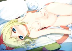 Rule 34 | 1girl, aties20, bad id, bad pixiv id, blonde hair, blue eyes, blush, breasts, cleft of venus, commentary, creatures (company), english commentary, game freak, irida (pokemon), looking at viewer, lying, navel, nintendo, nipples, nose blush, on back, parted lips, pillow, pokemon, pokemon legends: arceus, pussy, small breasts, solo, thigh gap, uncensored