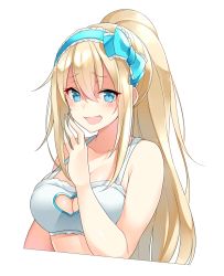 Rule 34 | 1girl, :d, bad id, bad twitter id, blonde hair, blue bow, blue eyes, blue hairband, bow, bra, clothing cutout, covering own mouth, cropped arms, cropped torso, dot nose, fang, frilled hairband, frills, hair between eyes, hair bow, hairband, hand over own mouth, heart cutout, highres, long hair, looking at viewer, open mouth, original, ponytail, shaded face, simple background, skin fang, smile, smirk, solo, suruga (xsurugax), underwear, upper body, very long hair, white background, white bra