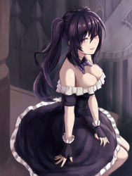 Rule 34 | 1girl, :d, black dress, black gloves, black hair, bow, bowtie, breasts, choker, circle skirt, cleavage, dress, fingerless gloves, frilled dress, frills, gloves, hair between eyes, highres, long hair, medium breasts, moppo, moppu (000mopipi), nail polish, open mouth, original, purple bow, purple bowtie, red eyes, red nails, scar, sitting, smile, solo, twintails
