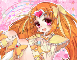 Rule 34 | 10s, 1girl, beamed quavers, boots, bow, brooch, character name, circlet, cure muse, cure muse (yellow), hair ribbon, heart, jewelry, knee boots, long hair, magical girl, musical note, noa (matthew!), orange hair, precure, quaver, red eyes, ribbon, shirabe ako, sitting, smile, solo, suite precure, treble clef, yellow bow