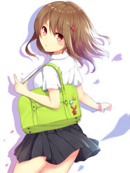 Rule 34 | 1girl, bad id, bad pixiv id, bag, bag charm, blush, breasts, brown hair, charm (object), collared shirt, cowboy shot, from behind, from side, hair ornament, hairclip, handbag, holding, horosuke, lapel pin, looking at viewer, looking back, medium breasts, original, pin, rabbit head, red eyes, school bag, school uniform, scrunchie, shirt, short sleeves, silhouette, skirt, solo, white background, wrist scrunchie