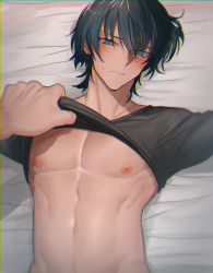 Rule 34 | 1boy, abs, bare pectorals, bed, blue eyes, blush, byleth (fire emblem), byleth (male) (fire emblem), clothes lift, fire emblem, fire emblem: three houses, green hair, highres, looking at viewer, lying, male focus, medium hair, muscular, navel, nintendo, nipples, none (kameko227), on bed, pectorals, pov, pov hands, shirt lift, solo, sweat, sweater