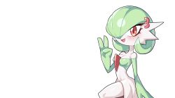 Rule 34 | 1girl, bare shoulders, blush, bob cut, breasts, cleavage, colored skin, creatures (company), crop top, drunkoak, female focus, game freak, gardevoir, gen 3 pokemon, green hair, green shirt, green skin, hair over one eye, hand up, happy, highres, long sleeves, looking at viewer, medium breasts, multicolored skin, nintendo, off-shoulder shirt, off shoulder, one eye covered, open mouth, pokemon, pokemon (creature), red eyes, shirt, short hair, simple background, smile, solo, standing, thighs, transparent background, two-tone skin, v, white skin