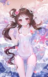 Rule 34 | 1girl, animal ears, antenna hair, arknights, artist name, beach, blush, breasts, brown hair, casual one-piece swimsuit, clam, collarbone, covered navel, eyjafjalla (arknights), eyjafjalla (summer flower) (arknights), feet out of frame, flower, hanajiang, highres, horns, long hair, looking at viewer, lying, medium breasts, ocean, official alternate costume, on back, one-piece swimsuit, parted lips, pink eyes, pink flower, sheep ears, sheep girl, sheep horns, shell, single thighhigh, solo, starfish, swimsuit, thighhighs, water, wet, white one-piece swimsuit, white thighhighs