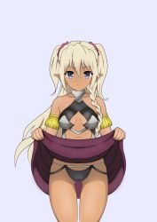Rule 34 | 1girl, absurdres, armor, blonde hair, blue eyes, breasts, clothes lift, dark-skinned female, dark skin, edelgard (isekai maou), expressionless, female focus, highres, isekai maou to shoukan shoujo no dorei majutsu, lifting own clothes, long hair, looking at viewer, medium breasts, non-web source, panties, simple background, skirt, skirt lift, solo, underwear, upper body