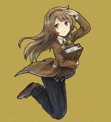 Rule 34 | 1girl, arm up, book, bow, bowtie, brown coat, brown hair, coat, hairband, highres, holding, holding book, jumping, library of ruina, long hair, malkuth (project moon), project moon, red hairband, salute, sidelocks, simple background, smile, solo, yellow background, yellow bow, yellow bowtie, york0pm