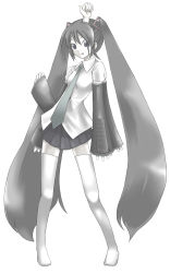 Rule 34 | 1girl, crossover, detached sleeves, extra arms, full body, greyscale, hatsune miku, kei (keigarou), long hair, monochrome, monoko, necktie, parody, solo, standing, thighhighs, twintails, very long hair, vocaloid, white thighhighs, yume nikki