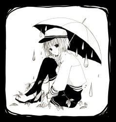 Rule 34 | 1girl, anzu (o6v6o), black border, border, crying, greyscale, gumi, hand on own knee, hat, high heels, knees up, long sleeves, looking at viewer, monochrome, plant, rain, shirt, short hair with long locks, sitting, skirt, solo, thighhighs, umbrella, vines, vocaloid, water drop