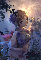Rule 34 | 1girl, animal print, blue sash, brown hair, butterfly print, closed mouth, fireworks, flower, hair flower, hair ornament, hand fan, hand up, highres, holding, holding fan, japanese clothes, kimono, lilithbloody, long sleeves, looking at viewer, original, paper fan, print kimono, purple eyes, purple flower, sash, smile, solo, summer festival, white kimono, yukata