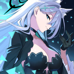 1girl animal_ear_fluff animal_ears black_dress black_jacket blue_archive blue_eyes breasts choker cleavage cropped_jacket cross_hair_ornament dress extra_ears grey_hair grin hair_ornament halo highres jacket large_breasts long_hair long_sleeves looking_at_viewer open_clothes open_jacket shiroko_(blue_archive) shiroko_terror_(blue_archive) smile solo wolf_ears xiaoxiao_de_kuangsan