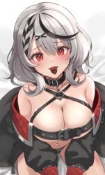 Rule 34 | 1girl, breasts, cleavage, grey hair, highres, hololive, large breasts, looking at viewer, multicolored hair, open mouth, sakamata chloe, sitting, solo, streaked hair, tongue, tonton utaro, virtual youtuber