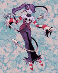 Rule 34 | 1girl, atrium (artist), bare shoulders, blue skin, colored skin, detached collar, detached sleeves, dress, hair over one eye, leviathan (skullgirls), red eyes, skull, skullgirls, smile, socks, squigly (skullgirls), stitched mouth, stitches, striped legwear, striped sleeves, zombie
