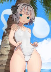 Rule 34 | 1girl, absurdres, black hairband, black ribbon, blue eyes, blue sky, blush, clothes pull, cloud, collarbone, commentary request, day, gluteal fold, hair ribbon, hairband, highres, konpaku youmu, konpaku youmu (ghost), looking at viewer, mamemochi, ocean, one-piece swimsuit, one-piece swimsuit pull, open mouth, outdoors, palm tree, pulled by self, ribbon, school swimsuit, short hair, silver hair, sky, smile, solo, standing, swimsuit, thighs, touhou, tree, white one-piece swimsuit