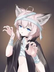 Rule 34 | 1girl, ahoge, animal ears, arknights, bandages, black cape, black choker, blue eyes, brown background, brown hair, cape, choker, claw pose, fox ears, fox girl, genjaku, hair between eyes, highres, looking at viewer, material growth, naked bandage, oripathy lesion (arknights), short hair, simple background, solo, sussurro (arknights), tongue, tongue out, upper body
